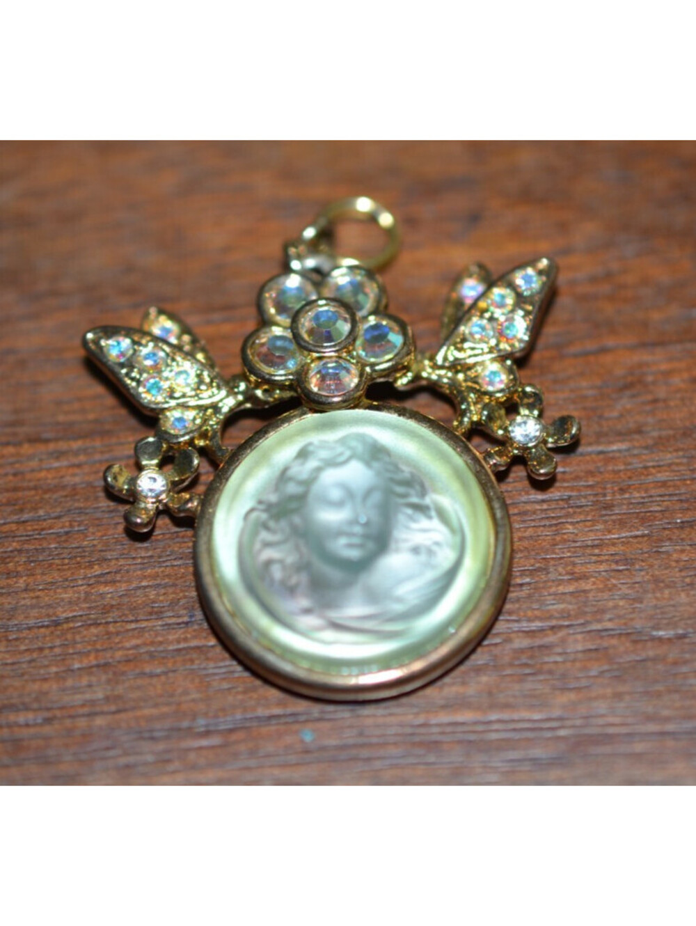 Vintage Kirks Folly Molded Face Cherub Angel Charm Pendant AB Crystals